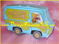 Image for Scooby-Doo & Gang “The Mystery Machine” Van-shaped Hinged Popcorn Tin/Candy Container/Box 1998 (EMPTY OF FOODSTUFFS ) <b><span style='color:red'>*****PRIORITY MAIL SHIPPING INCLUDED – DOMESTIC ORDERS ONLY!*****</span></b><span style='color:purple'>